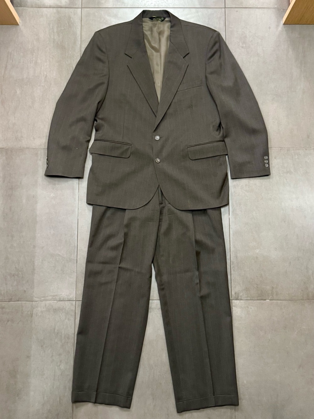 Vintage Pierre Balmain Wool Two-Piece Suit, Gray w/ Brown Pinstripes, Men’s M-L